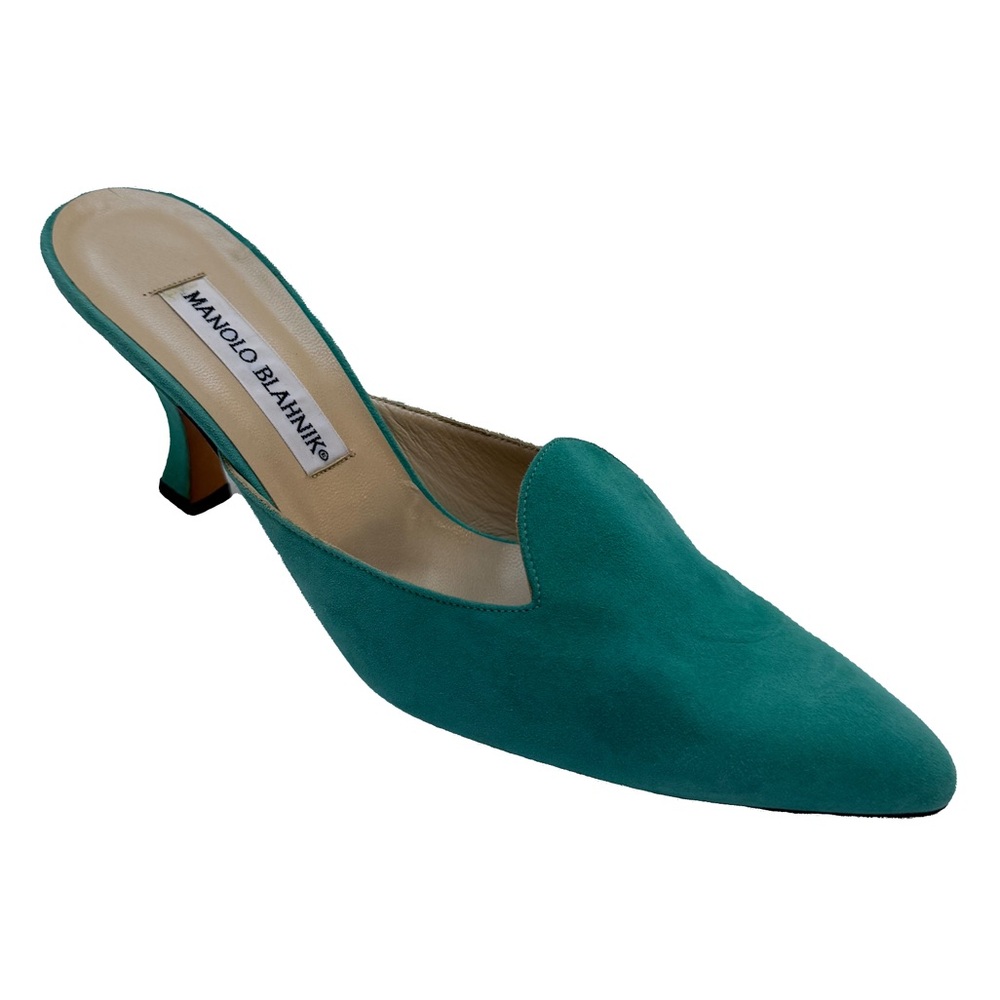 Manolo Blahnik Turquoise Suede Kitten Heel Mules | Size 38 | NEVER WORN